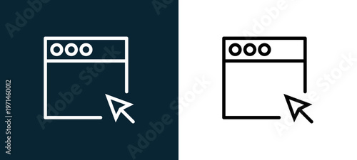 Two-color browser outline icon pair in black and white, editable stroke vector illustration for web, mobile apps, UI design, branding, and print from interaction set