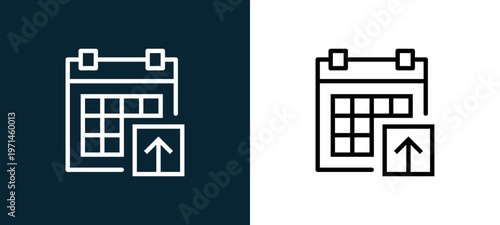 Two-color calendar outline icon pair in black and white, editable stroke vector illustration for web, mobile apps, UI design, branding, and print from interaction set