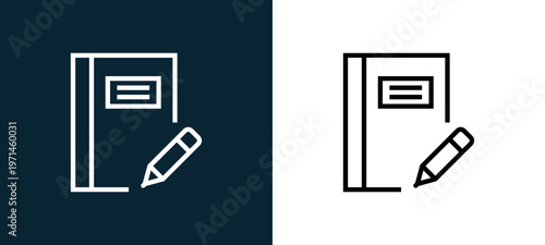 Two-color notebook outline icon pair in black and white, editable stroke vector illustration for web, mobile apps, UI design, branding, and print from interaction set