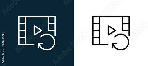 Two-color video player outline icon pair in black and white, editable stroke vector illustration for web, mobile apps, UI design, branding, and print from interaction set