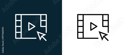 Two-color video player outline icon pair in black and white, editable stroke vector illustration for web, mobile apps, UI design, branding, and print from interaction set