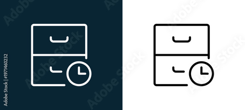 Two-color archive outline icon pair in black and white, editable stroke vector illustration for web, mobile apps, UI design, branding, and print from interaction set