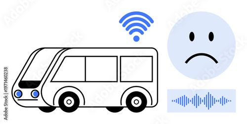 Smart transportation. Scene depicts an autonomous bus with wireless connectivity and a dissatisfied face, highlighting user experience in smart transport. For future mobility, IoT systems, user