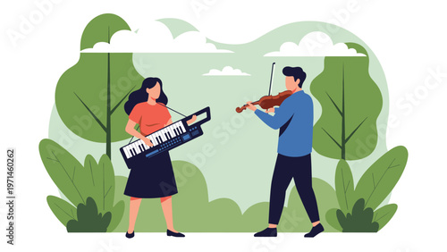 Two musicians playing instruments including a shoulder keyboard and a violin in a beautiful public park with green trees and clouds.