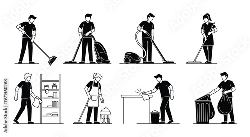 Diverse group of people performing various cleaning and janitorial tasks