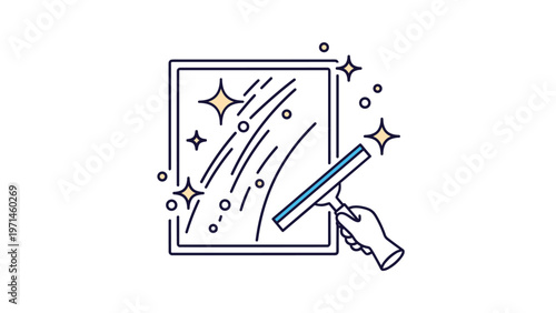 Hand cleaning a glass window with a blue squeegee and soapy bubbles with sparkles indicating a clean and polished surface.