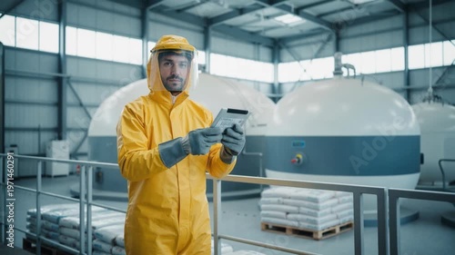 Smiling industrial worker in yellow protective suit holding tablet. Professional engineer inspecting equipment in modern factory or plant.