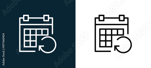 Two-color calendar outline icon pair in black and white, editable stroke vector illustration for web, mobile apps, UI design, branding, and print from interaction set