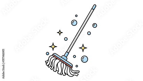 Cleaning mop stands upright surrounded by floating blue soap bubbles and yellow sparkles in a clean cartoon style.