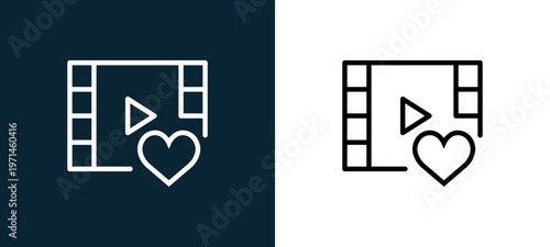 Two-color video player outline icon pair in black and white, editable stroke vector illustration for web, mobile apps, UI design, branding, and print from interaction set