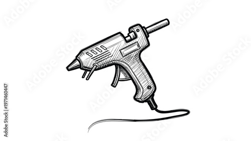 Detailed black and white cross-hatched sketch illustrates a standard hot glue gun with its power cord attached.