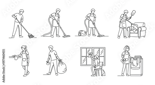 Diverse group of people performing various cleaning and janitorial tasks