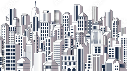 Densely packed metropolitan cityscape features various architectural styles of buildings and skyscrapers in grayscale.