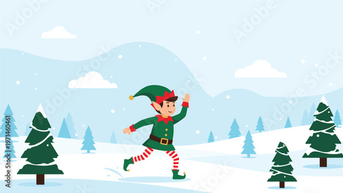 Cheerful Christmas elf in a green and red outfit runs through a snowy winter landscape filled with pine trees.