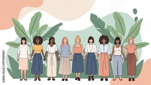 Group of diverse women of various ethnicities stand together holding hands against a backdrop of green tropical leaves.