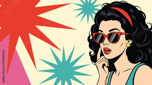 Stylish woman in red sunglasses poses thoughtfully against a retro pop art background with colorful starburst shapes.