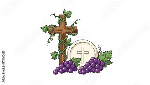 Sacred christian symbol features a wooden cross entwined with vines alongside purple grapes and a communion host.