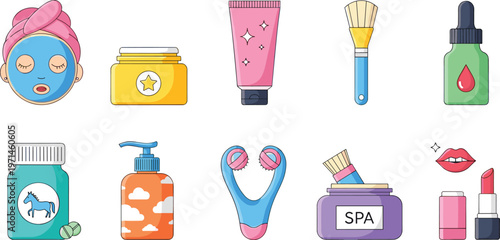 Beauty and skincare vector icon set featuring cosmetics, spa essentials, makeup products and self care elements in cartoon style