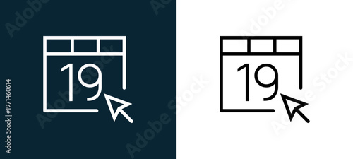 Two-color calendar outline icon pair in black and white, editable stroke vector illustration for web, mobile apps, UI design, branding, and print from interaction set