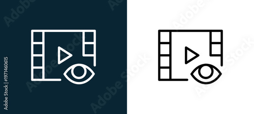 Two-color video player outline icon pair in black and white, editable stroke vector illustration for web, mobile apps, UI design, branding, and print from interaction set