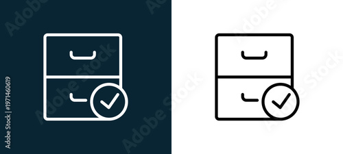 Two-color archive outline icon pair in black and white, editable stroke vector illustration for web, mobile apps, UI design, branding, and print from interaction set