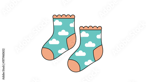 Pair of cute light blue baby socks features a white cloud pattern and orange heels and toes in a simple design.