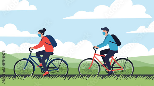 Man and woman wearing face masks and backpacks cycle along a path through a green park under a cloudy blue sky.