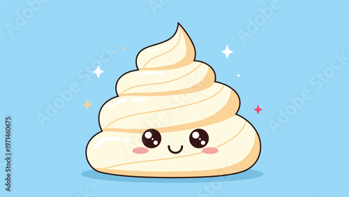 Smiling cream character with big eyes and rosy cheeks is surrounded by colorful sparkles on a light blue background.