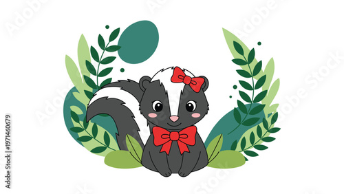 Adorable skunk character with red bows on its head and neck sits in front of soft green leaves and abstract shapes.