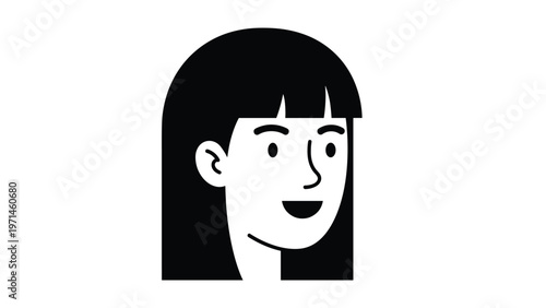 Minimalist black and white portrait features the profile of a smiling woman with straight black hair and bangs.