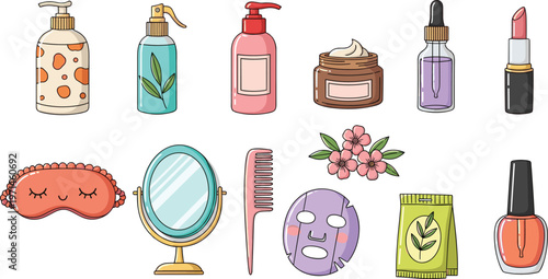 Beauty and skincare vector set with cosmetic bottles, makeup products, facial mask, mirror and self care essentials in cartoon style