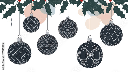 Elegant dark christmas baubles with white patterns hanging from a holly branch with red berries on a white background.