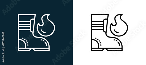 Two-color boots outline icon pair in black and white, editable stroke vector illustration for web, mobile apps, UI design, branding, and print from emergency