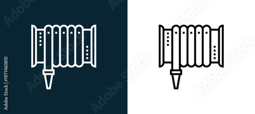 Two-color fire hose outline icon pair in black and white, editable stroke vector illustration for web, mobile apps, UI design, branding, and print from emergency