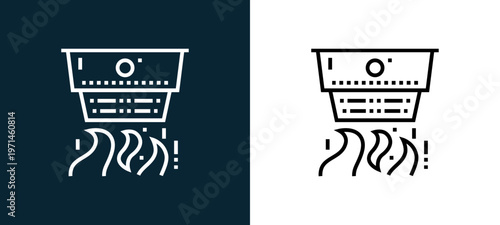Two-color smoke detector outline icon pair in black and white, editable stroke vector illustration for web, mobile apps, UI design, branding, and print from emergency