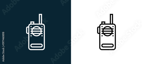 Two-color walkie talkie outline icon pair in black and white, editable stroke vector illustration for web, mobile apps, UI design, branding, and print from emergency