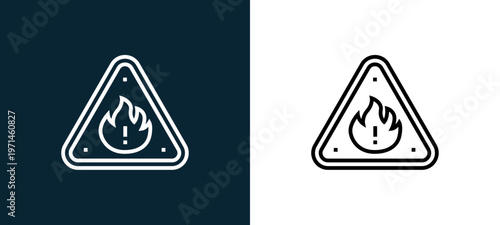 Two-color fire outline icon pair in black and white, editable stroke vector illustration for web, mobile apps, UI design, branding, and print from emergency