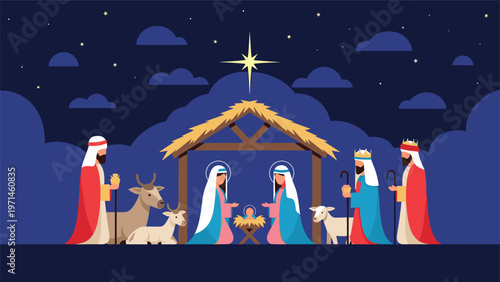 Colorful cartoon nativity scene illustration featuring mary joseph baby jesus the three kings and animals in a stable.