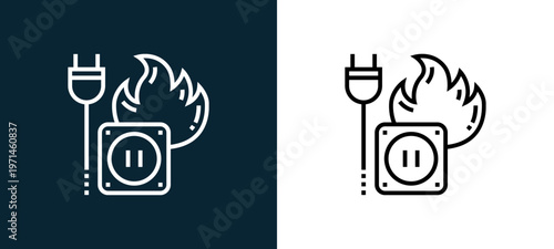 Two-color plug outline icon pair in black and white, editable stroke vector illustration for web, mobile apps, UI design, branding, and print from emergency