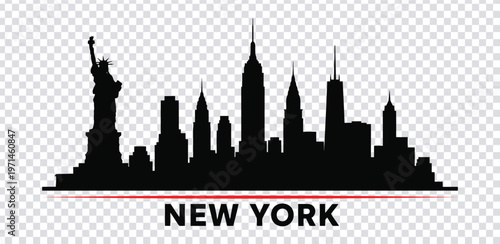 Vector illustration black silhouette of new york city skyline with statue of liberty