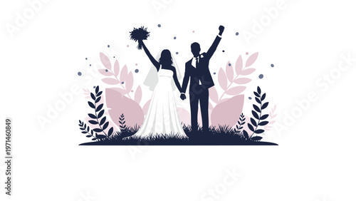 Elegant silhouette of a bride and groom celebrating their wedding surrounded by purple leaves and falling sparkles.