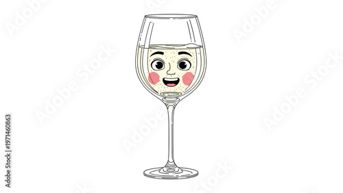 Whimsical character illustration of a white wine glass with a happy smiling face and rosy cheeks isolated on white.