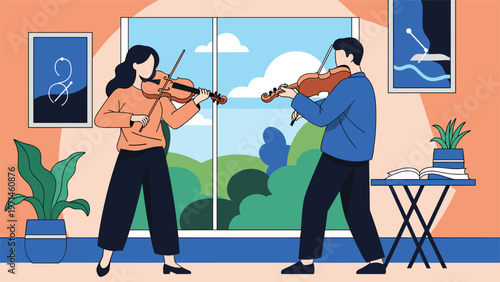 Flat design illustration of a man and woman playing violins in a stylish modern living room with large windows.