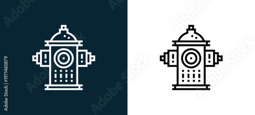 Two-color fire hydrant outline icon pair in black and white, editable stroke vector illustration for web, mobile apps, UI design, branding, and print from emergency