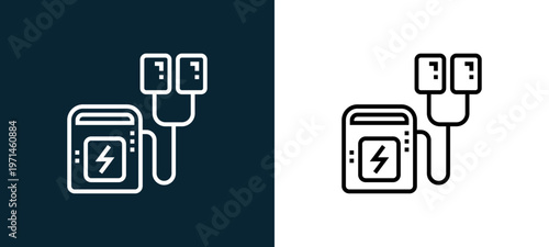 Two-color defibrillator outline icon pair in black and white, editable stroke vector illustration for web, mobile apps, UI design, branding, and print from emergency