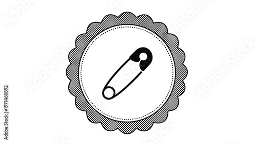 Black and white safety pin icon set within a circular frame with a dotted pattern and scalloped decorative edge.