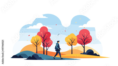Flat design illustration of a person walking through a scenic park with colorful autumn trees and falling leaves.