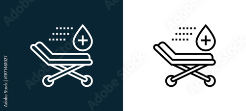 Two-color stretcher outline icon pair in black and white, editable stroke vector illustration for web, mobile apps, UI design, branding, and print from emergency