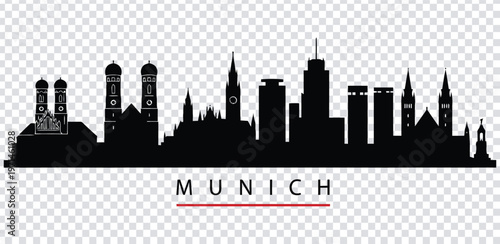 Vector illustration black silhouette of munich city skyline with famous buildings and towers
