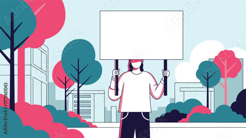 Illustration of a person standing in a park and holding up a large blank white sign for a message or protest.